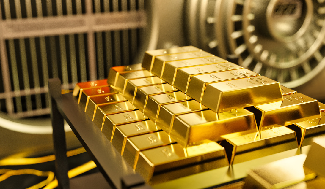 Gold ingot, bullion gold, gold bars, bank vault, stacked 3D Rendering, bank vault, reserve, invest, 3D Illustration